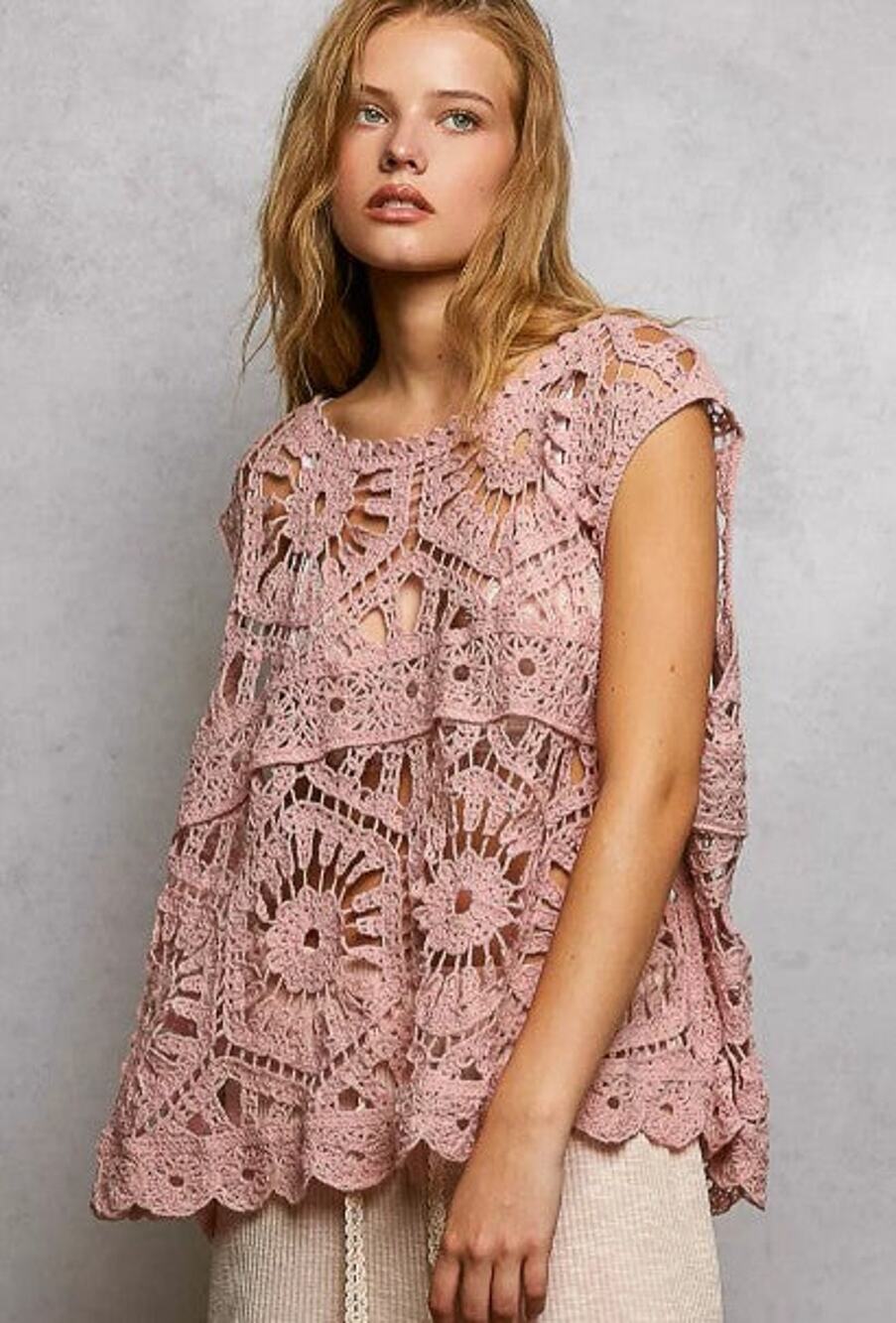 POL Floral Crochet Top In Rose Pink